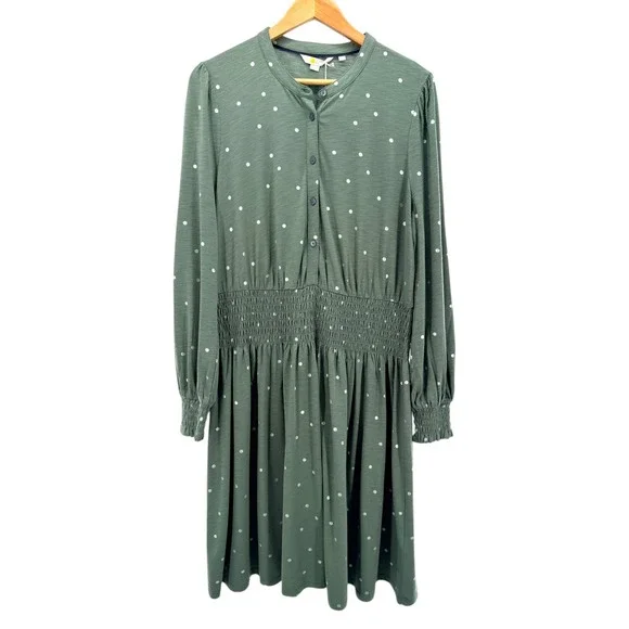Boden Smocked Button Front Long Sleeve Cotton Blend Dress Green Dots 12R NWT - Picture 4 of 12